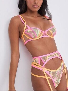 Love & Lemons Tulip Bustier bra, garter and thong set in a pink and orange